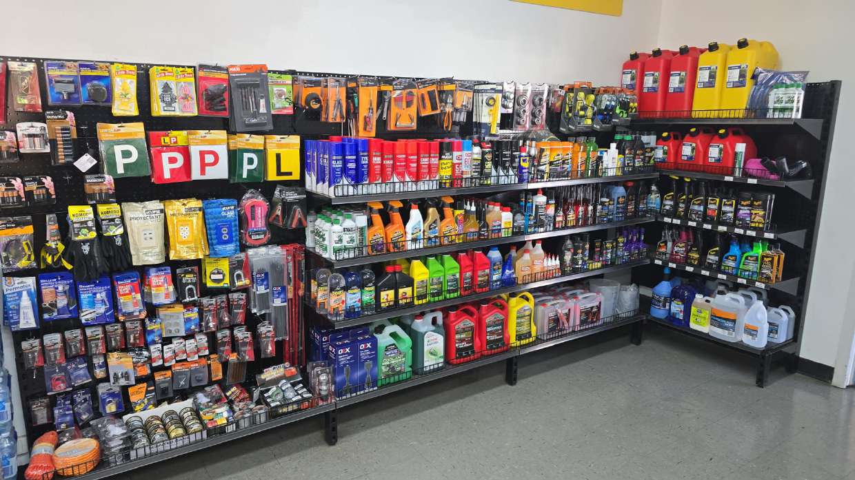 Coolant and antifreeze bottles on a shelf