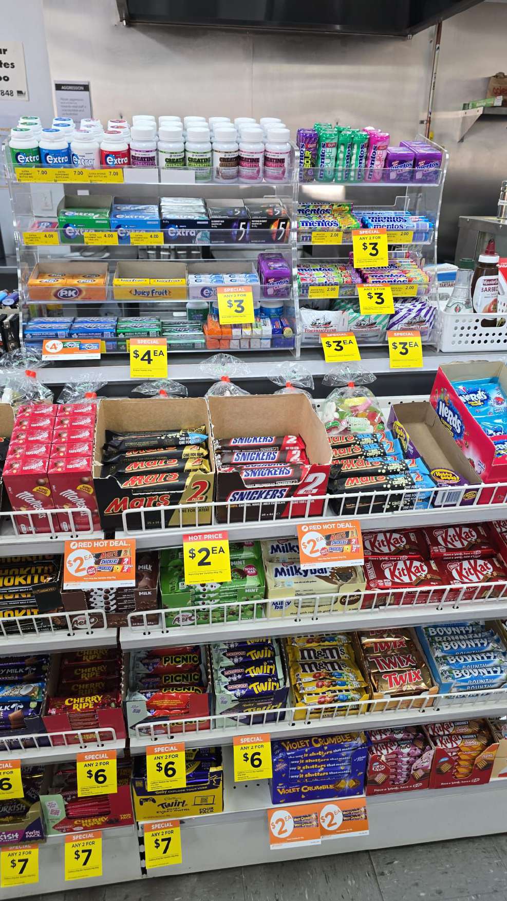 Confectionery and snack shelves inside the roadhouse store
