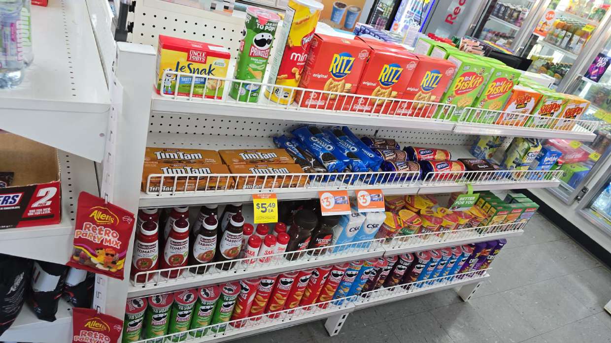 Wide aisle of everyday groceries