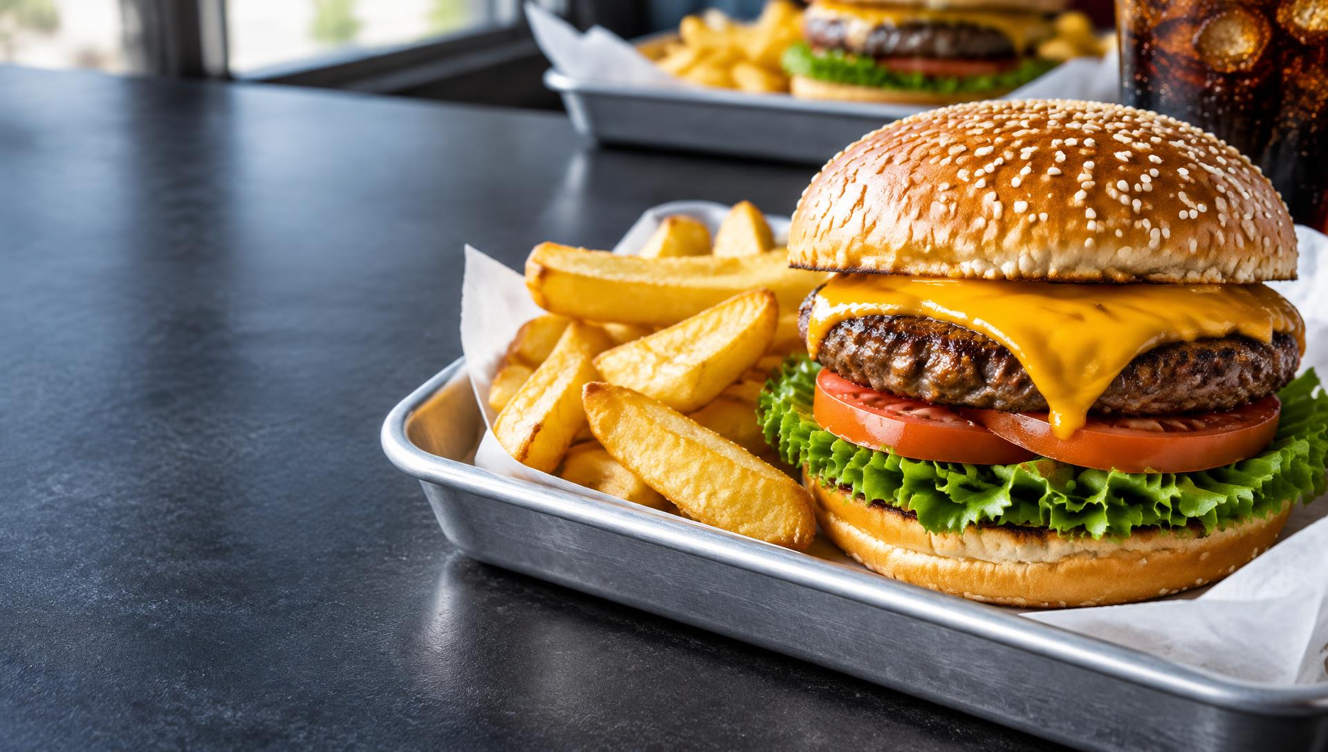Illustrative burger with melted cheese and golden chips
